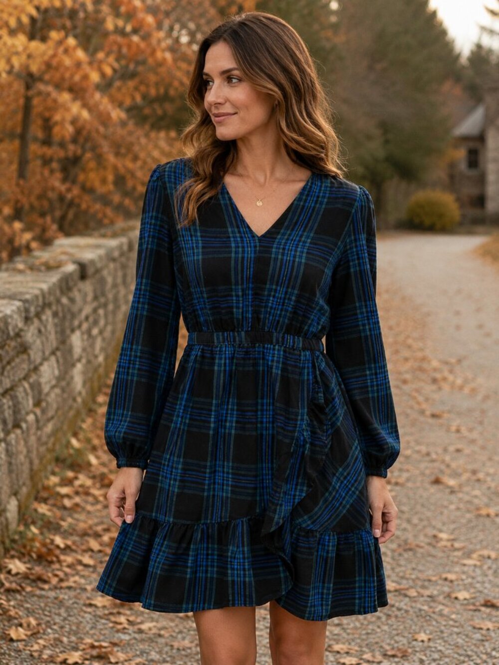 Free Assembly Blue Black Plaid Faux Wrap Ruffle Dress Women’s Medium